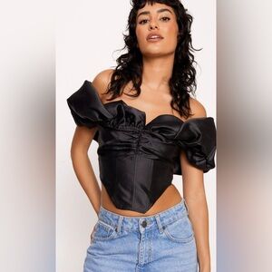 NastyGal Satin Twill Bardot Puff Sleeve Corset Top - Black - Size US 10